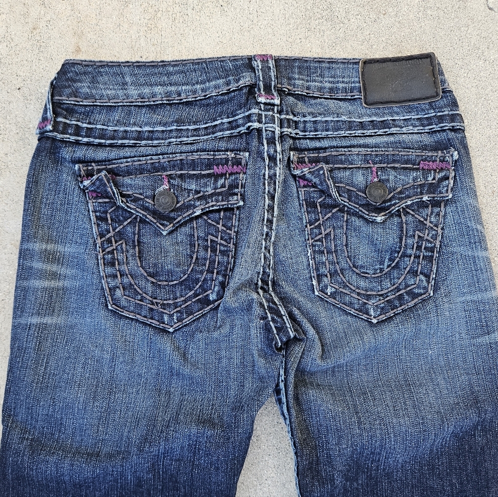 SUPER RARE True Religion Becky Low Rise Thick Purple Stitch Super T 28 Like New